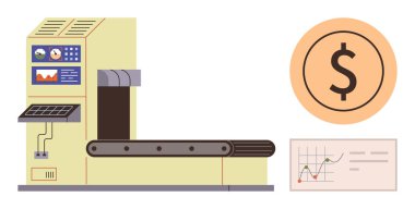 Taşıyıcı bandı, ekonomik istatistikleri, para ikonu ve büyüme grafiği olan endüstriyel makine. Üretim, otomasyon, sanayi sistemleri, ekonomi, verimlilik için ideal basit