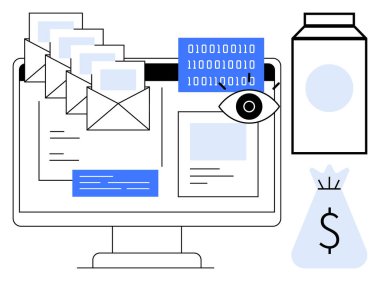 Zarflı bilgisayar monitörü, ikili kod ve e-posta iletişimini, siber güvenliği, veri korumasını, gizliliği, dijital işlemleri, çevrimiçi alışverişi ve e-ticareti vurgulayan çevrimiçi içerik.