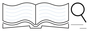 Görünür sayfaları olan açık bir kitap ve büyüteç okuma, araştırma ya da öğrenmeyi öneriyor. Eğitim, öğrenim, akademik araştırma, edebiyat, merak, analiz için ideal