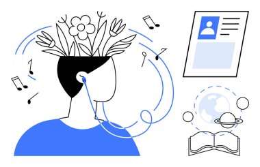 Eğitim konsepti. Yaratıcılık, müzik ve küresel öğrenme ile desteklenen eğitim. Bilgi, ilham ve birbirine bağlılığı geliştirmek için eğitim kaynakları. E-öğrenme, yaratıcılık için