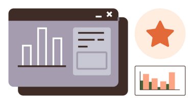 Çubuk çizelgesi, metin alanları ve odak yıldızı ile etkileşimli gösterge paneli. Analiz, performans, veri sunumu, iş görüşleri, izleme süreci, basit düz metafor raporlama için ideal