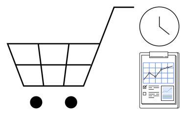 Minimalist alışveriş arabası dosya ve saatle eşleştirilmiş. Veri analizi, e-ticaret, verimlilik, zaman yönetimi, perakende stratejisi, finansal izleme ve basit düz metafor için ideal