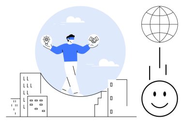 Teknoloji konsepti. Yenilik ve küresel işbirliğini şehir ortamında dengeleyen bir adamın teknolojisi. Teknolojik sürüş süreci ve sürdürülebilir çözümler. İş, yenilik, takım çalışması için