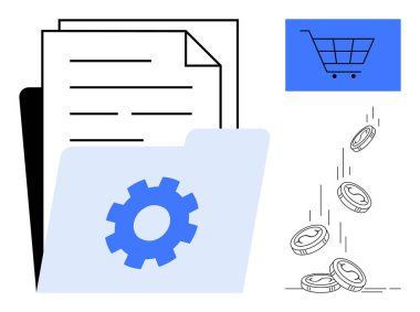 Dizin, vites simgesi, alışveriş arabası ve parasal işlemleri temsil eden düşen paralar. Çevrimiçi iş için ideal, iş akışı optimizasyonu, e-ticaret, finans sistemleri, dijital