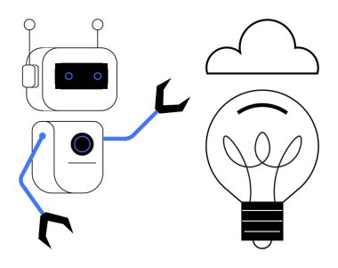 Robot bulut ve ampullere doğru yenilik, yapay zeka ve teknolojinin sembolü olarak hareket ediyor. Yapay zeka, bulut hesaplama, makine öğrenimi, yaratıcılık, problem çözme, gelecekçi