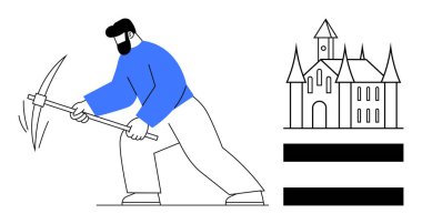 Minimalist bir şatonun yakınında kazma tutan bir işçi. Çalışma, inşaat, çaba, miras, tarih, madencilik ve azim kavramları için idealdir. Basit düz metafor