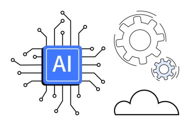 Devrelerle bağlı yapay zeka çipi, otomasyonu sembolize eden dişliler, depolamayı ve bağlantıyı gösteren bulut. Yapay zeka geliştirme, makine öğrenme, otomasyon, yenilik, bulut hesaplama, akıllı