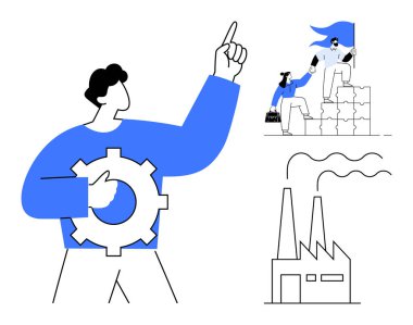 Ekipmanı olan kişi problem çözmeyi, takım çalışmasını, tırmanma taşlarıyla sembolize edilen başarıyı önemser ve fabrika endüstriyi simgeler. Takım çalışması, liderlik, üretkenlik, endüstri ve ilerleme için ideal