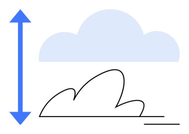 Yükseklik ve uzaklığı gösteren mavi oklu kavisli zemin çizgisinin üzerindeki bulut. Hava, yükseklik, ölçüm, bilim, eğitim, basitlik ve büyüme için idealdir. Basit bir düz metafor.