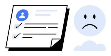 Olumsuz geri bildirim kavramı. Olumsuz geribildirim bir kontrol listesi ve hüzünlü yüz görüntüleriyle vurgulandı. Olumsuz geribildirim çevrimiçi profillerde reddedilen eylemi yansıtır. HR sistemleri, kullanıcı arayüzleri için