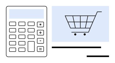 Ekrandaki bir alışveriş arabasının yanında, e-ticaret, bütçe, finansal planlama, çevrimiçi alışveriş, maliyet analizi, tasarruf stratejisi ve ekonomik yönetimi basit bir dairede temsil eden bir hesap makinesi.