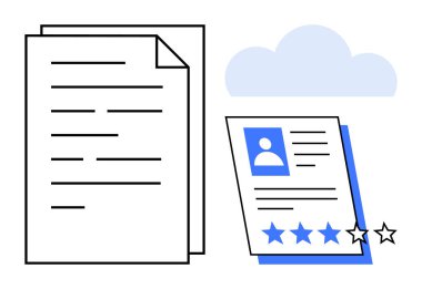 Yıldız derecelendirme sistemi içeren bir profil belgesinin yanında yığınla kağıt. Arkaplanda bir bulut simgesi var. İşe alım, geri bildirim, değerlendirmeler, değerlendirmeler, analizler, dijital depolama için ideal