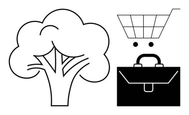 Doğayı sembolize eden ağaç, iş için çanta ve ticaret için alışveriş arabası. Kavramların ideali çevre sorumluluğunu, yeşil ticareti, eko-ticareti, sürdürülebilir kalkınmayı destekliyor