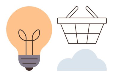Fikirler ve yenilik için ampul, ticaret için sepet ve çevrimiçi veya dijital bağlantı için bulut. Yaratıcılık için ideal, ticari yenilik, e-ticaret, bulut teknolojisi, ağ oluşturma, gelecek
