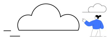 Geniş soyut bulut ana hatları, bir kişinin işaret ettiği, yeniliği, veri depolamayı, bulut teknolojisini, ulaşılabilirliği, ekip çalışmasını, basitliği, yaratıcılığı simgelediği. Dijital dönüşüm için ideal