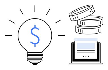 Dolar işaretli ampul fikirleri ve yeniliği simgeler, istiflenmiş paralar zenginliği temsil eder, dizüstü bilgisayar ekranı dijital stratejileri gösterir. Finans, yenilik, teknoloji, girişim ve ekonomi için ideal