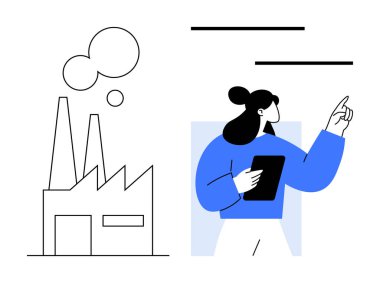 Tableti yukarı bakan bir kadın figürü, bacaları duman çıkaran bir fabrika. Teknoloji, üretim, enerji, yenilik, sürdürülebilirlik, endüstri verimliliği için ideal. Basit düz metafor