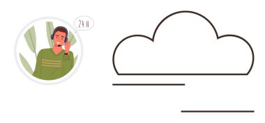 Gülümseyen müşteri hizmetleri temsilcisi kulaklık takıyor, konuşma balonu 24 saat yanında. Bulut simgesi bağlantıyı, iletişimi ve veri depolamayı sembolize eder. Destek, teknoloji, hizmet ve iletişim için ideal