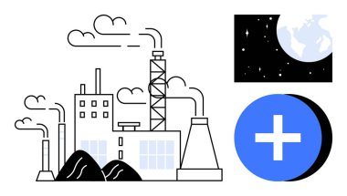 Sanayi fabrikası. Fabrika, Dünya 'ya karşı kullanıldığında duman ve artı bir ikon yayar. Fabrika imalatı, sürdürülebilirlik, kirlilik, yenilik ve küresel sorunlar