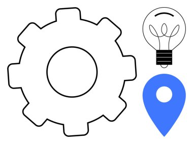 İşlemler için vites, fikirler için ampul, navigasyon için lokasyon iğnesi. Yenilik, planlama, strateji, gelişme, teknoloji yaratıcılığı için ideal. Basit düz metafor