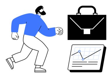 İşadamı, yanında bir evrak çantası ve yükselen bir çizelgeyle ilerliyor. İş, kariyer, hırs, büyüme, finans, girişimcilik mesleki gelişim için idealdir. Basit.