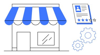 Çizgili tenteli mağaza önü, reytingli müşteri değerlendirme belgesi ve ayarlı dişliler. Ticari kurulum, hizmet değerlendirmesi, müşteri geribildirimi, e-ticaret, süreç iyileştirmesi, pazarlama için ideal