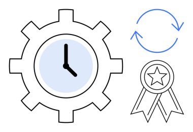 Saatli vites verimliliği vurgular, okları tazeler süreç optimizasyonunu sembolize eder ve yıldız rozeti kalite güvencesini temsil eder. İş için ideal, iyileştirme, planlama, kalite denetimi