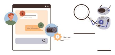 Chatbot kullanıcı sorgulamalarını mesaj arayüzünde işlerken robot da veri incelemesi için büyüteç kullanıyor. Teknoloji için ideal, müşteri desteği, otomasyon, problem çözme, iletişim, yapay zeka