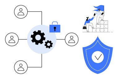 Kullanıcı profillerine bağlı vites simgeleri, güvenlik için asma kilit, başka bir tırmanma bloğuna yardım eden kişi ve işaretli kalkan. Takım çalışması, siber güvenlik, liderlik, destek ve güven stratejisi için ideal