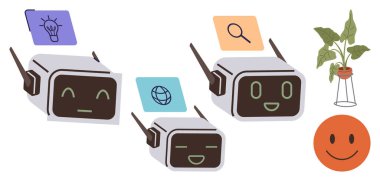 Konuşma baloncukları olan robotlar bir bitki ve mutlu yüzün yanında yaratıcılık, keşif ve küresel bağlantı simgelerini de içeriyor. Teknoloji, yapay zeka, işbirliği, çevreci dostluk, keşif için ideal.