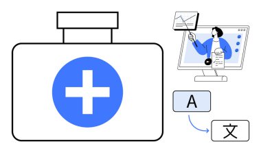 Sağlık sigortası konsepti. Çeviri araçları ve sanal öğrenme ile sağlık entegrasyonu. Çok dilli iletişim, e-öğrenme ve dijital işbirliğinde sağlık hizmetleri gelişimi. Teletıp için