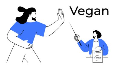 Kadın el hareketleriyle reddeder, erkek vejetaryen olduğunu gösterir. Sağlıklı yaşam tarzı, tercihler, farkındalık, beslenme, etik, eğitim ve minimalizm için idealdir. Basit düz metafor
