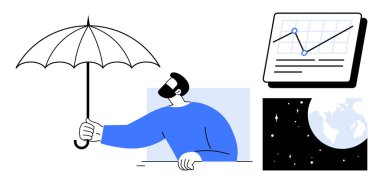 Şemsiye tutan kişi, mali büyüme için bir veri tablosu ve küresel dünya görüşü ile korumayı sembolize eder. Risk yönetimi, yatırım, küresel eğilimler, iklim koruma ve ilerleme için ideal