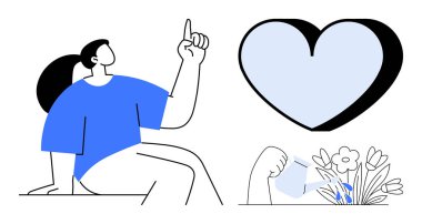 Düşünce içinde parmağını kaldıran bir insan, bir kalp sembolü, ve bir elden sulayan çiçekler. Farkındalık, bakım, aşk, kişisel büyüme, sağlık pozitif motivasyon için idealdir. Basit düz metafor