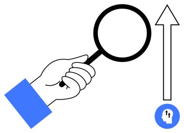 Büyüme analizi konsepti. Büyüteçle yapılan araştırmalar ve büyümeye odaklanma. Geliştirmeye ve hedeflere ulaşmaya bağlı, yukarı doğru ok ile gösterilen büyüme yönü. İş için ideal