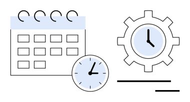 Sarmal bağlayıcı, saat, dişli ve minimalist çizgilerle takvim. Planlama, organizasyon, planlama, verimlilik, iş akışı için ideal. Basit düz metafor