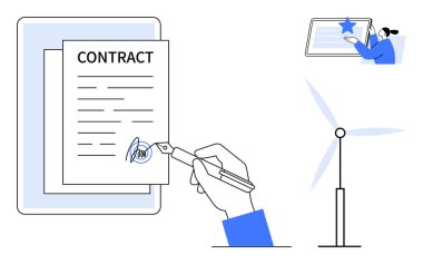 Kalemle el imzası sözleşmesi, sürdürülebilirliği temsil eden rüzgar türbini, kalite güvence rozeti. Enerji, hukuki, bağlılık, güven, belgeleme çevre dostu girişimler için idealdir. Basit.