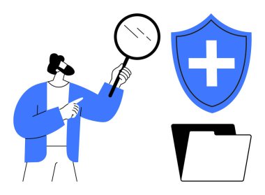 Kişi, kalkanı çapraz ve klasörle inceleyen büyüteç taşıyor. Sağlık, güvenlik, veri güvenliği, analiz, araştırma, organizasyon ve soruşturma için ideal. Basit düz metafor
