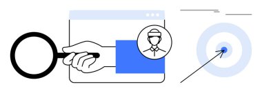 Tarayıcı penceresini tarayıcı profiliyle inceleyen büyüteç ve hedefi tam isabet ettiren bir ok. Araştırma, adam toplama, doğruluk, strateji, hedef başarı, anlayış, seyirci için ideal