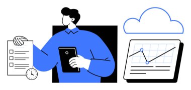 Tablet, kontrol listesi, saat, bulut ve üretkenliği temsil eden bir veri grafiği, görev yönetimi, analitik, bulut depolama zamanı dijital çözümleri etkili planlama. Düz