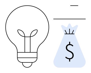 Finansal ve yenilik kavramını taşıyan dolar işaretli ampul ve para çantası. Girişimcilik, iş büyümesi, yatırımlar, girişimler, yaratıcılık, strateji ve zenginlik için ideal