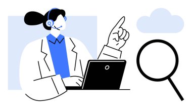 Dizüstü bilgisayarda çalışan profesyonel kulaklık takmak, cam ve bulut ikonu çözeltisi büyütme kavramına işaret etmek araştırma, yenilik ve bağlantıyı simgeler. Müşteri hizmetleri için ideal