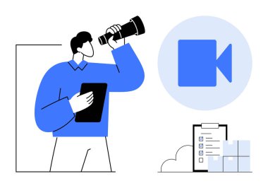 Video ikonu ve kontrol listesinin yanında elinde bir tablet ve teleskop tutan kişi. Vizyon, medya, video üretimi, liderlik, planlama, yaratıcılık ve teknoloji için ideal. Modern düz metafor