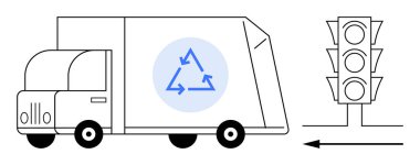 Geri dönüşüm konsepti. Kamyon atığı yönetimi ve trafik ışığı geri dönüşümü sürdürülebilirliği ve çevre dostu kentsel yaşamı teşvik ediyor. Geri dönüşüm farkındalığı ve yeşil girişimler. Çevre kampanyaları için, kentsel