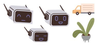 Saksı bitkisi ve teslimat kamyonu ile duygularını gösteren sevimli robot yüzler. Yapay zeka etkileşimi, otomasyon, teknoloji, lojistik, robot bilimi, duygusal zeka ve yenilik için ideal. Basit düz