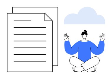 Nilüfer çiçeğinde meditasyon yapan kadın, odak, rahatlama, farkındalık, verimlilik, iş akışı dengesi, stres atma ve kişisel gelişimi sembolize eden iki belgenin yanında sakin bulutla poz veriyor. Basit düz