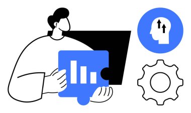 Veri analiz teması. Bar grafiği bulmacası parçası, büyüyen okları olan insan beyni ve iş akışları için dişliler. Veri analizi karar verme, problem çözme ve analizi destekler. İş için.