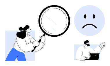 Dijital zorluklar konsepti. Büyüteç kullanan bir kadının, üzgün bir yüzün ve dizüstü bilgisayardaki bir ofis çalışanının dijital zorlukları. Şeffaflığı ve verimliliği etkileyen dijital zorluklar