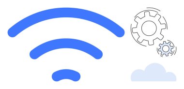 Bulut ve dişli ikonlarının yanındaki mavi kablosuz sinyal kablosuz iletişimi, bulut hesaplamasını ve sistem otomasyonunu simgeliyor. Teknoloji, ağ oluşturma, yenilik, veri akışı için ideal