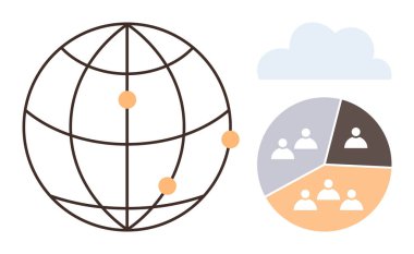 Noktaları olan dünya bağlantıları, takımların segmentli çizelgesi ve bir bulut. Takım çalışması, küresel ulaşım, veri paylaşımı, bulut hesaplama, işbirliği, dijital iletişim için ideal basit düz